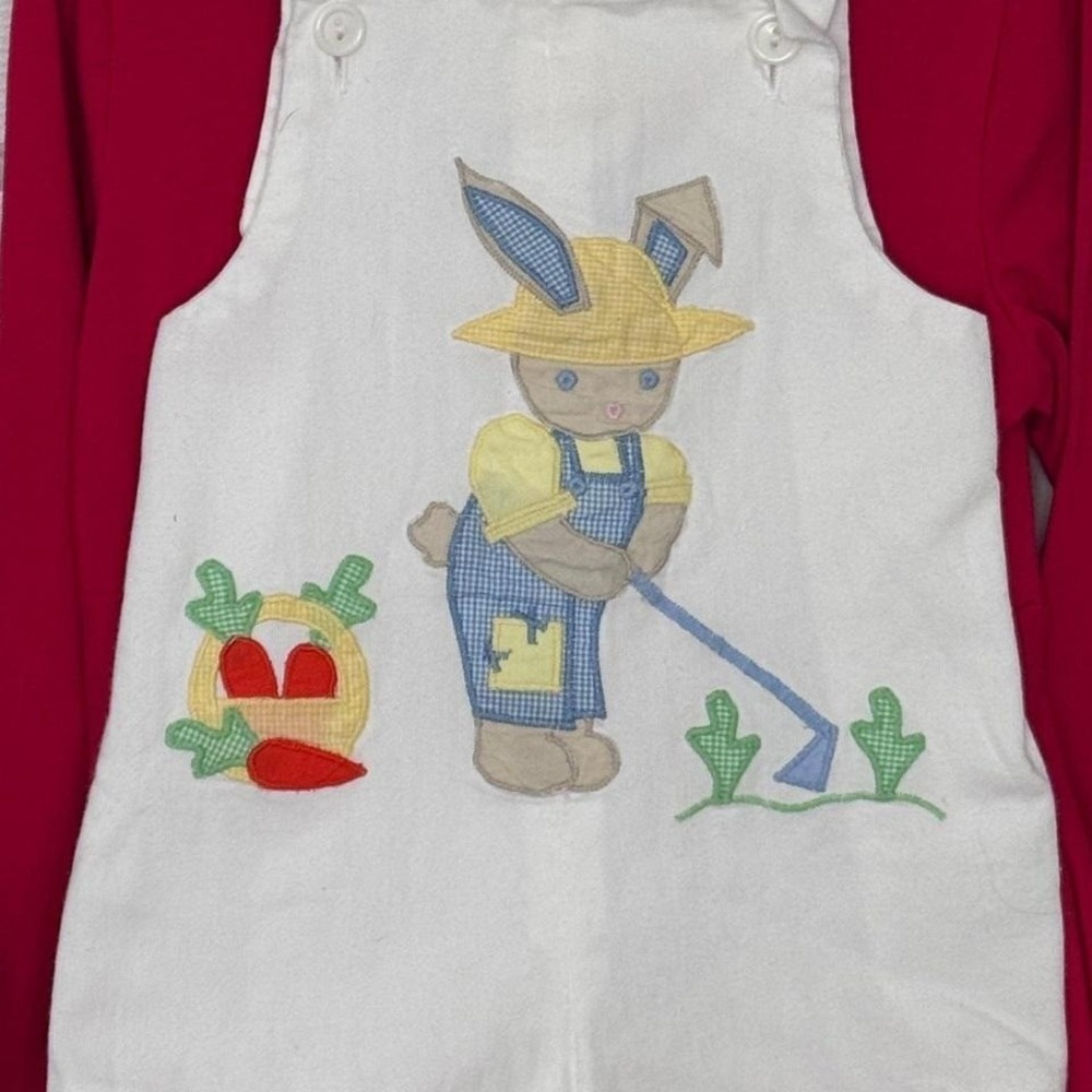 Vintage Nursery Rhyme Easter 18 Months Gardening Bunny Applique White Jon Jon